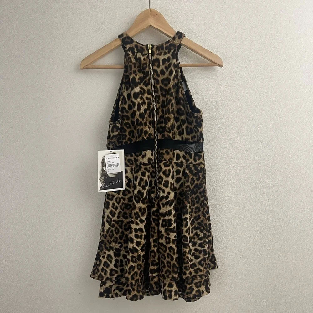 NORDSTROM LEOPARD PRINT BLACK MESH DETAIL FITTED STRECH A-LINE MINI DRESS - Picture 2 of 10